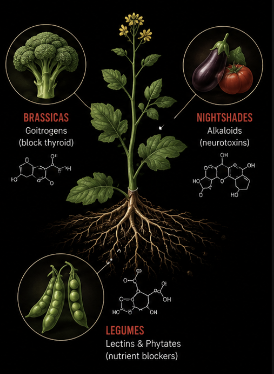 Diagram of plant defence chemicals in brassicas, nightshades and legumes
